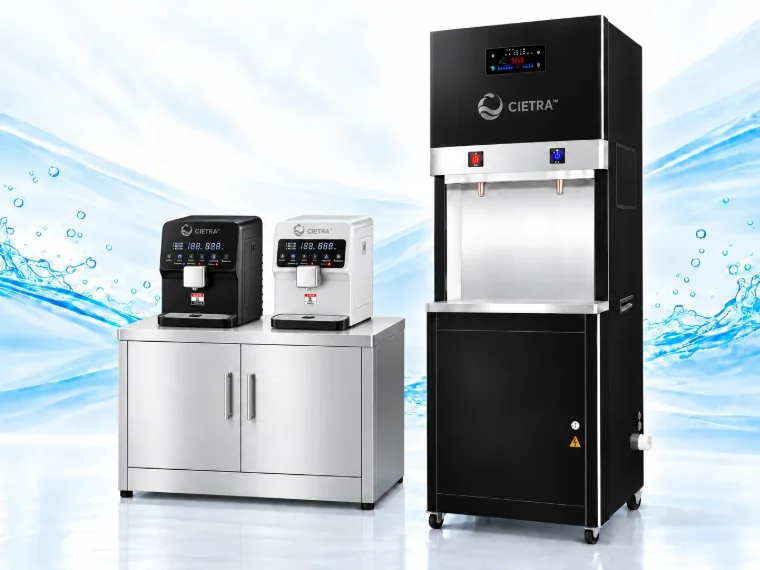 CIETRA compact hot and cold dispensers and a high-capacity floor-standing dispenser