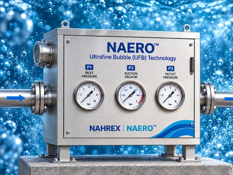 NAERO ultrafine bubble unit with inlet, suction and outlet pressure gauges