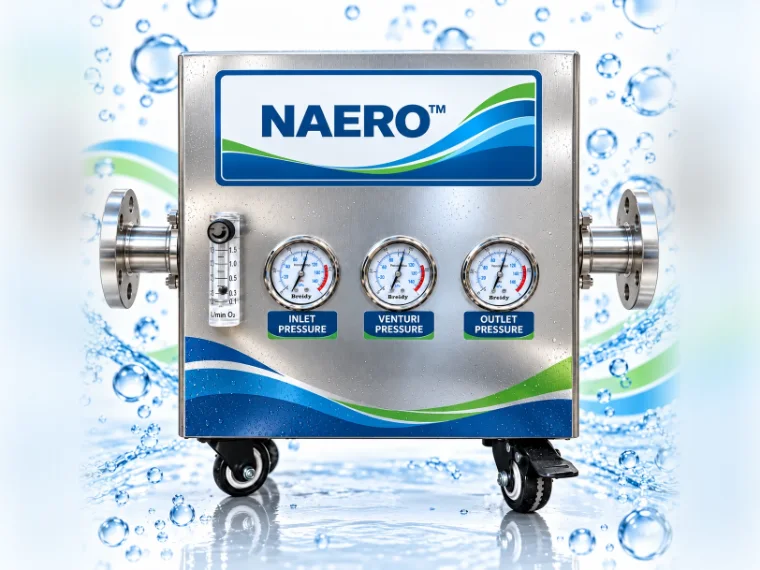 NAERO ultrafine bubble unit with inlet, venturi and outlet pressure gauges and an oxygen flow meter