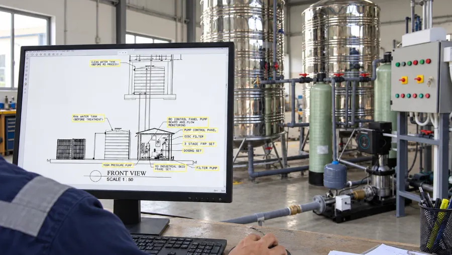 Engineer reviewing a water treatment system drawing on a monitor, with stainless steel tanks and an FRP filtration skid behind