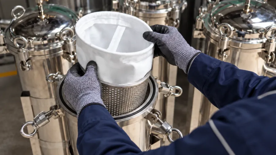 Technician fitting a filter bag into a stainless steel filter housing