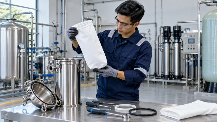 Technician replacing a bag filter