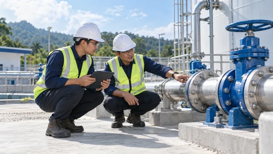 Two engineers inspecting a valve and pipeline on site