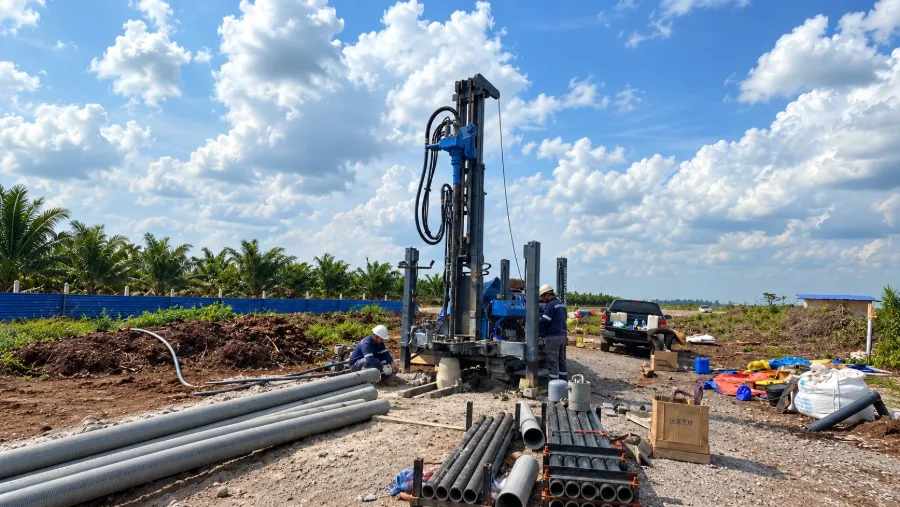 Tubewell drilling rig and crew at work on site, with casing and drill pipes laid out